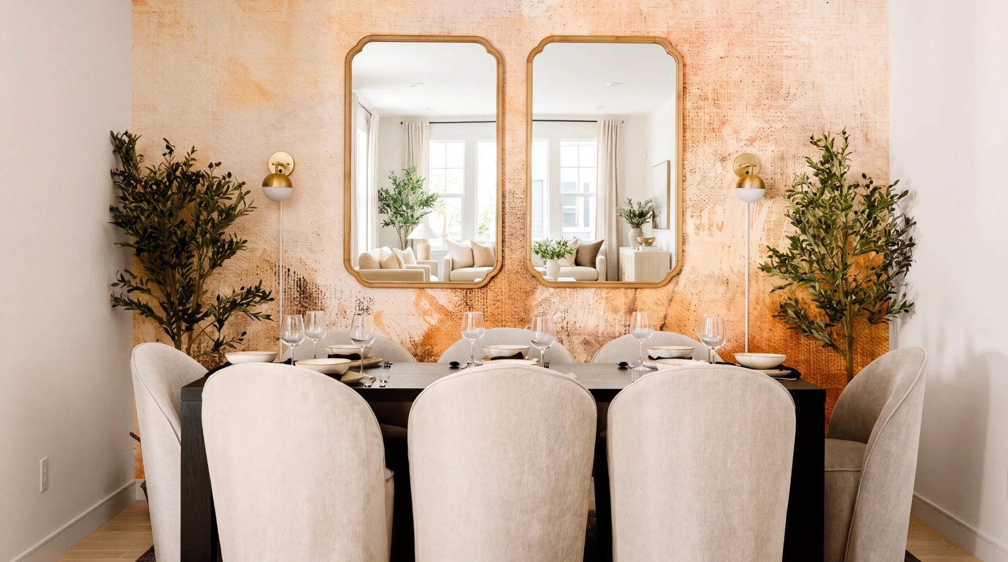 A black dining table with sculptural cream chairs, gilt mirrors, and warm textured wallpaper at Glendale
