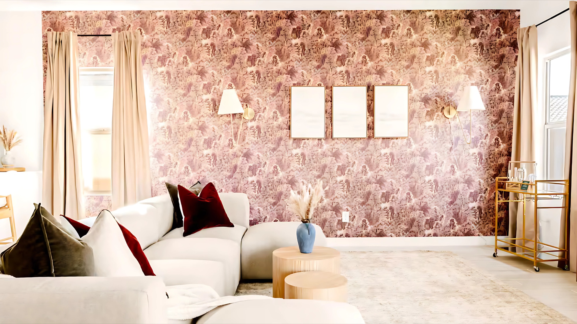 Cream curved seating and burgundy cushions against patterned wallpaper at Glendale